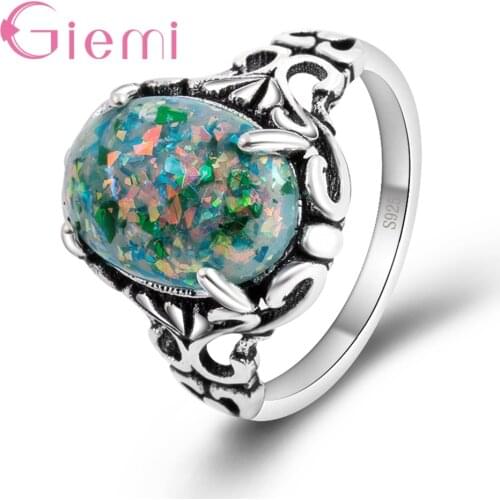 High Quality 925 Sterling Silver Geometric Vintage Ring With Fine Oval Opal Women Female Party Engagement Jewelry