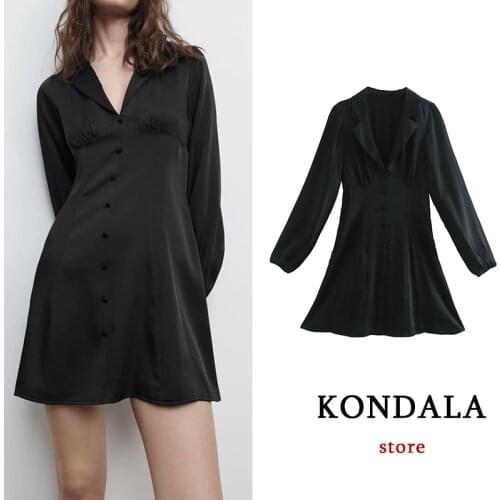 KONDALA Women Chic Black Stain Sexy Mini Shirt Dress Long Sleeve V Neck Single Button Dress Elegant Vintage Mujer Vestidos