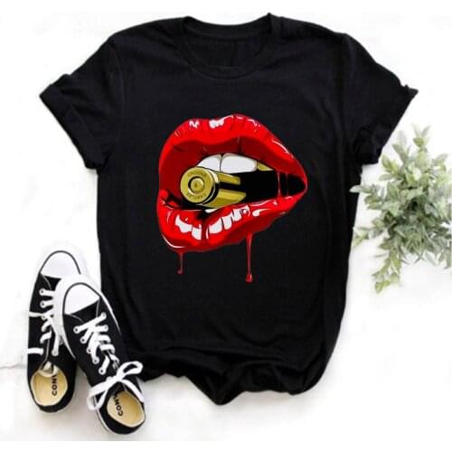 LINNA Ladies Red Lips Print T-Shirt Ladies Short Sleeve O-Neck T-Shirt Basic Ladies T-Shirt Rebel 2021 Black T-Shirt