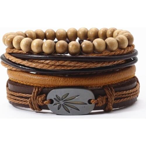 New Multilayer 4 Pcs/set Vintage Circle Maple Leaf Charm Brown Black Leather Men Bracelets For Women Femme Homme Male Jewelry