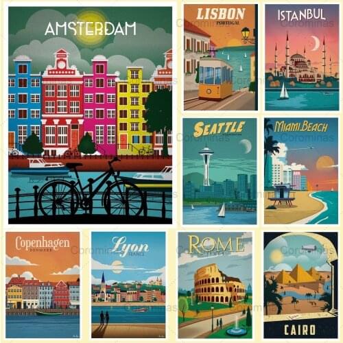 New Hot Tourism World Travel City Minimalist Travel Poster Vintage Amsterdam Lisbon Coated Hd Posters and Prints Wall Art Decor