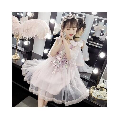 White blue flower girls dress summer 2020 elegant kids princess party costume bow 4 years old