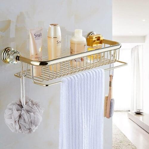 Bathroom Shelf Brass & Crystal Bath Shower Rack Bath Shower Shelf With Towel Bars Robe Hooks Holder Wall Mounted Corner Shelf