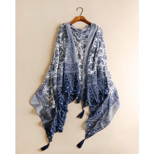 QA1095 Elegant blue and white porcelain tassel poncho new arrival female shawl women scarves travel necessity