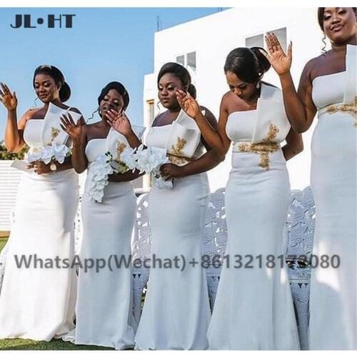 Plus Size Mermaid Bridesmaid Dresses Long Sleeveless with Gold Appliques Lace Elastic Satin Wedding Party Gowns