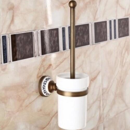 European Style Blue And White Porcelain Bathroom Wall Hanging Brass Ceramic Cup Toilet Brush, Bathroom Hardware Accessories