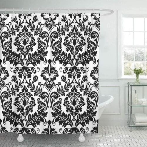 Fabric Shower Curtain with Hooks Floral Black Damask Pattern Abstract Antique Baroque Carpet Classical Curve Elegance Decorative
