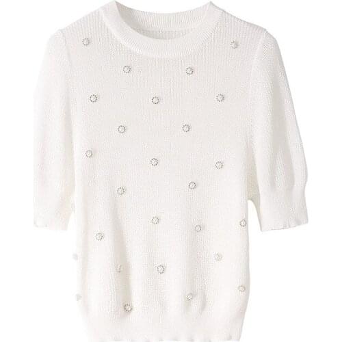 Summer Fashion Short Seeve Shirt Female Black White Lady Jumper Elegant Beaded O- Neck Knitted Cotton Slim Elastic Women Sweater