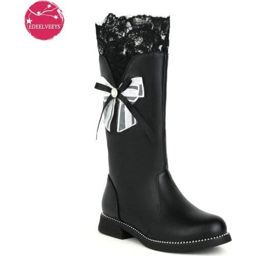 2021 Autumn Winter Girls Low Chunky Heels Cute Lolita Shoes Cosplay JK Uniform Bowtie Lace Ruffles Mid Calf Womens Boots