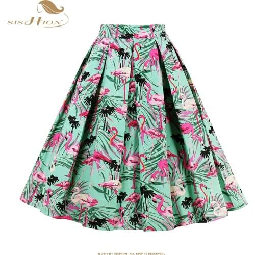 SISHION Cotton Women Skirts Female SP1157 Vintage Green Flamingo High Waist Summer Skirts Plus Size Falads Mujer