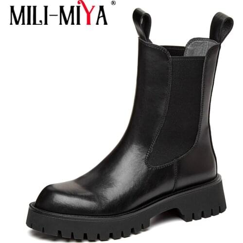 MILI-MIYA Retro Chelsea Short Ankle Boots Top Quality Leather Platform Square Heels Fashion Round Toe Women Dancing Party Shoes