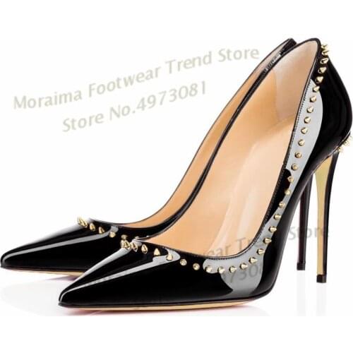 Moraima Snc Black Patent Leather Gold Rivets Studded Woman pumps Sexy Pointed Toe Thin Heels Shoes lady Party Dress Heels 12/10
