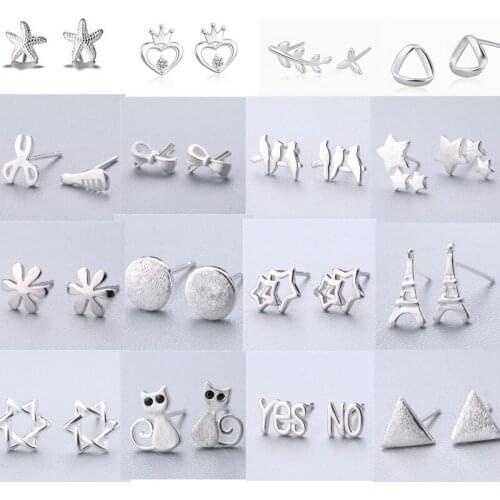 New Jewelry 925 Sterling Silver Cross Star Crown Cat Eiffel Tower Charm Stud Earrings For Women Jewelry Pendientes Oorbellen