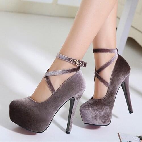 2021 New High Platform Fashion High Heels Shoes Women Pumps Flock Cross Buckle Lady Work Shoes Round Toe Female Sexy Party Shoes