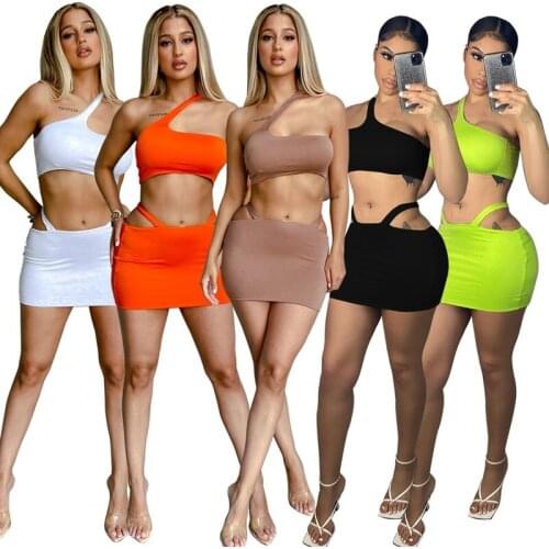 WJFZQM Two Piece Sets One Shoulder Tank Top And Mini Skirts Women Skinny Streetwear Outfits Club Fashion Sleeveless Womens Set