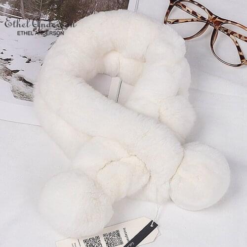 Ethel Anderson Lady Real Rabbit Fur Scarf Pompoms Good Quality Hand Knitted Scarves Soft Collar Warm Neck