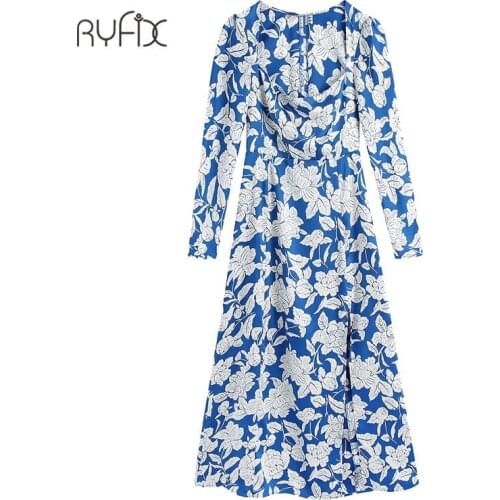 RYFIX Summer Chic Fashion Floral Print Front Women Dress Vintage Square Collar Long Sleeve Female Slit Midi Dresses for Women