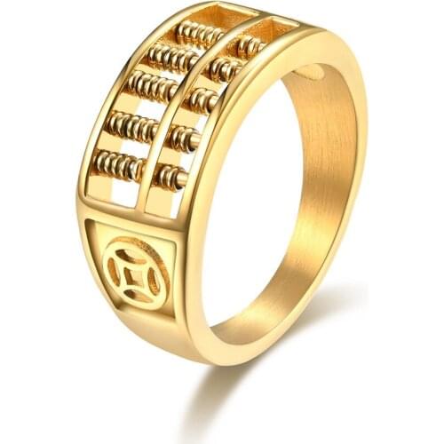 Gold Abacus Copper Coins Rings for Men Stainless Steel Rich Lucky Ring Punk Fashion Jewelry US Size 7-12