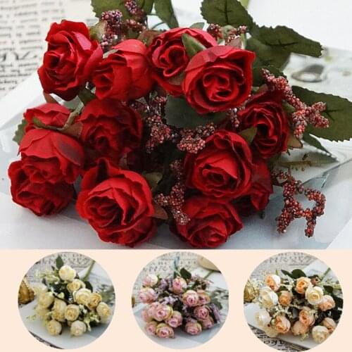 15Pcs Pink Rose Bouquet with Stems Artificial Fake Flowers for Floral Decoration Cheap Fake Flowers for Home Wedding Decoration