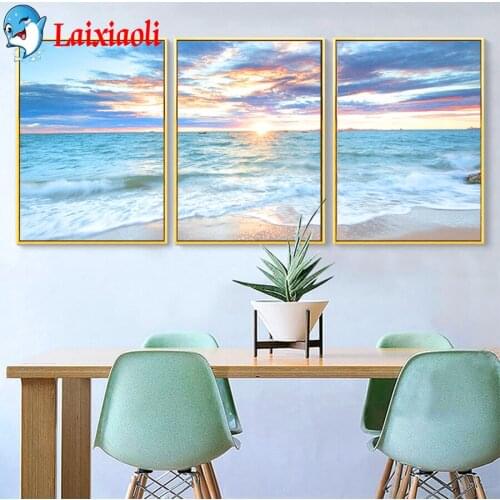2Sunrise Coastal Decorative diamond painting Blue Sea Landscape Wave full square round diamond embroidey Beach 3pcs Wall Picture