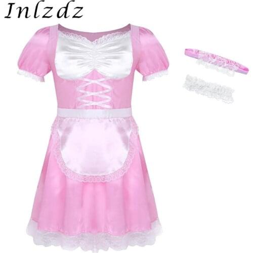 3Pcs Mens Sissy Maid Uniform Fancy Dress Costume Role Playing Games Outfit Short Sleeve Satin Dress with Choker and Headband