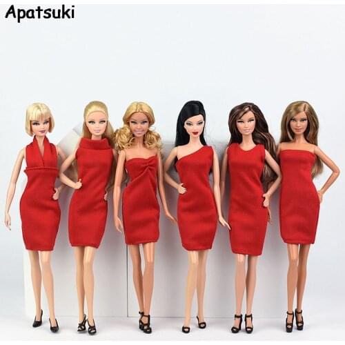 6pcs/lot Red Fashion Dress for Barbie Doll Clothes Evening Party Wears Short Dresses for Barbie Doll 1/6 Doll Accessories