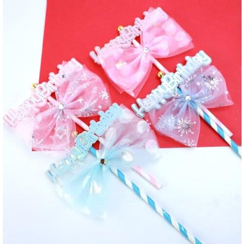 Bow cake topper Soft pompon wedding Cake Toppers Happy Birthday Party Cake Top Flags Wedding/Baby shower cake topper decoration