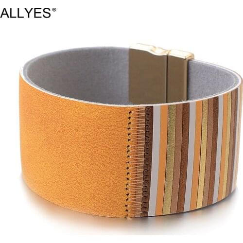 ALLYES Boho Assorted Colors Vertical stripes Wide Leather Bracelet for Women Fashion Wrap Bracelets Bangles Femme Jewelry