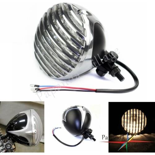 Black Chrome Scalloped Headlight Motorcycle 5" Custom Finned Prison Grill Headlamp for Harley Cafe Racer Cruiser Chopper Bobber