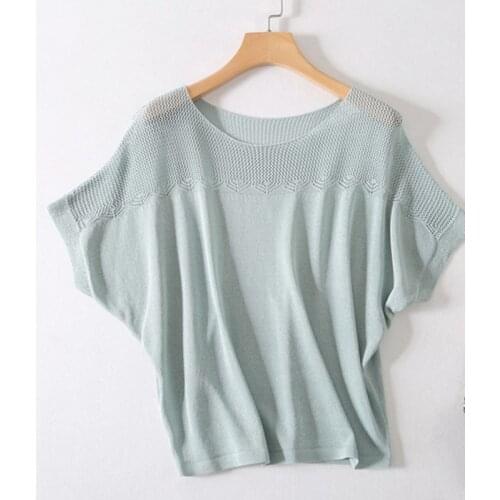 Fashion hollow small sexy ice silk t-shirt womens short-sleeved summer 2021 new Korean design loose casual knitted bat shirt