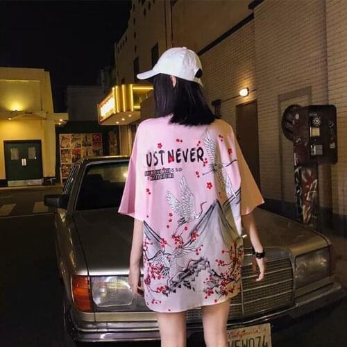 Summer Harajuku T-Shirt Vintage Y2K Punk Tops Women Hip Hop T Shirt Chinese Crane Print Tshirt Short Sleeve Oversize Streetwear