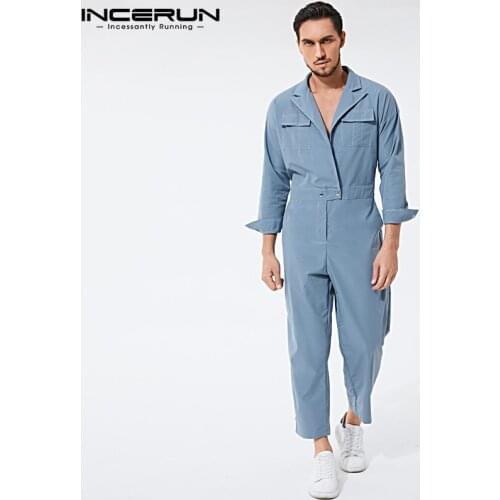 INCERUN Men Jumpsuit Solid Color Lapel Long Sleeve Streetwear Loose Pockets Cargo Overalls 2021 Fashion Casual Men Rompers S-5XL
