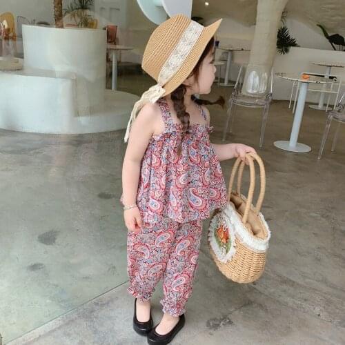 Kids Girl Clothes Set 2pcs Summer Camisole Trousers Suit Vintage Printing Suspender Tops Elastic Feet Long Pants Childrens Sets