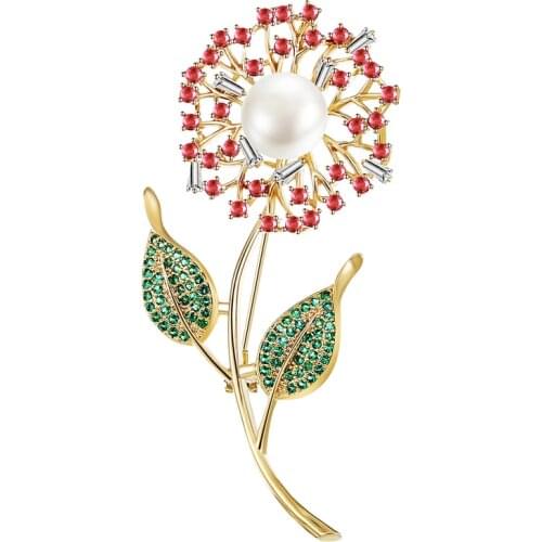 Beautiful White Pearl Dandelion Flower Brooches Pins Cubic Zirconia Red Floral Broach Flowers Stem Leaves Statement Pin Brooch