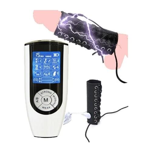 Male Electric Shock Leather Penis Sleeve Penis Electrical Stimulation Massager Cock Extension Ring Medical Themed Sex Toy