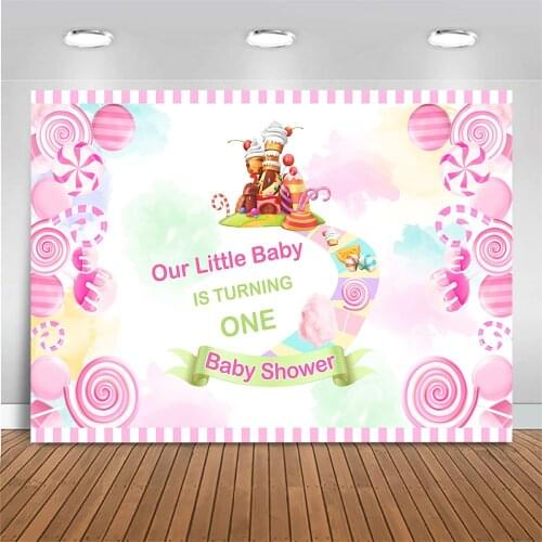 MOCSICKA Candyland Theme Backdrop Our Little Baby Is Turning One Kid 1st Birthday Party Baby Shower Photo Background Decoration