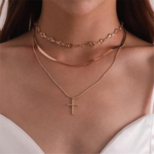 Fashion Crystal Cross Multi Layer Necklace European And American Womens Party Gold Pendant Necklace Female Jewelry