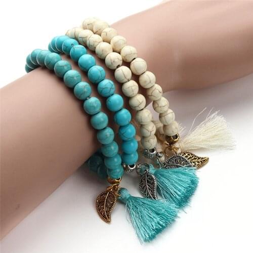 Fashion Round Stone Beads Bracelets Metal Leaf Pendants Drop Tassel Fringe Charms Bracelet for Women Female Jewelry