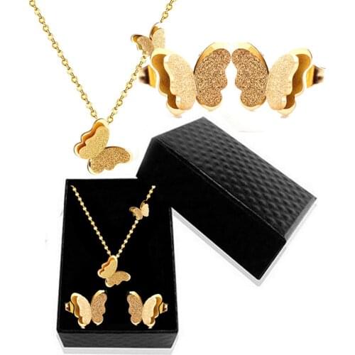 316L Stainless Steel Fashion Sweet Style Earrings Double Butterfly Set Frosted Necklace Earring Set