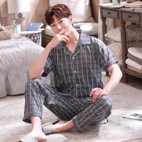 Autumn Men Pajama Sets Elastic Waist Pijama Boutons Loose Soft Short Casual Comfort Cotton Sleepwear Top Long Pant Pyjamas Set