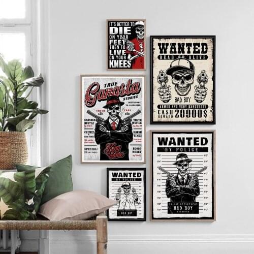 Gangsta Poster Skeleton Wanted Black White Modern Posters and Prints Wall Art Canvas Painting Wall Picture for Living Room Decor