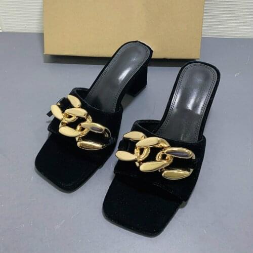 High Heels Women Sandals Summer New Black Chain Decorated Velvet Thick-heeled Square Toe Shoes Woman Large Size Sandalias Mujer