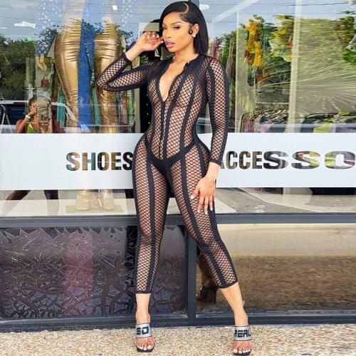 HAOYUAN Sexy Mesh Sheer Long Sleeve Jumpsuit for Women 2021 Fashion Y2k Clothing Night Club Bodycon Rompers One Piece Outfits