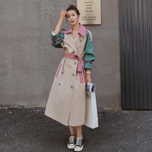 Brand New Vogue Lady Trench Coat Double-Breasted with Belt Patchwork Design Oversize Duster Coat Women Outerwear Spring Autumn