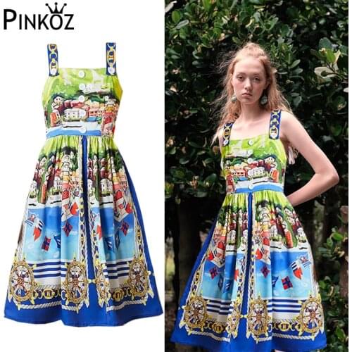 Pinkoz Runway Designer Tropical 2021 Summer Women Print Sleeveless Spaghetti Strap A-line Midi Dress Party Dresses Vestidos Boho