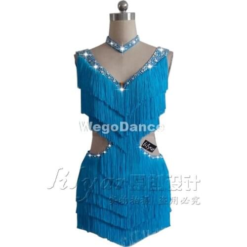 New Custom-made Women Latin Dance Dress Sexy Sleeveless Tassel Rhinestone Skirts Latin Salsa Chacha Standard Costumes
