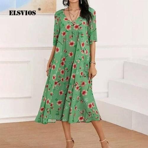2021 Spring/Summer New Fashion Digital Printed Elegant Womens Midi Dress Casual V-Neck Short-Sleeve A-Line Oversized Streetwear