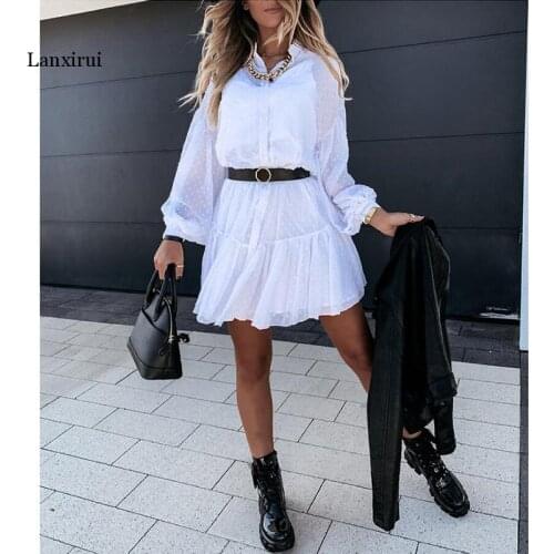 Women Mesh Ruffles Lace Loose Dress 2021 Spring Puff Sleeve White Ladies Casual Stand Collar Buttons A-Line Dress Vestidos