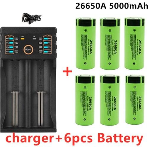 100% New Original high quality 26650 battery 5000mAh 3.7V 50A lithium ion rechargeable battery for 26650A LED flashlight+charger