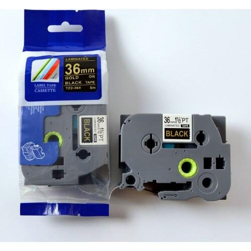 Free shipping 36mm 5 pcs Compatible brother label tape tz laminated tape TZE-364 tze364 TZ364 Gold on black